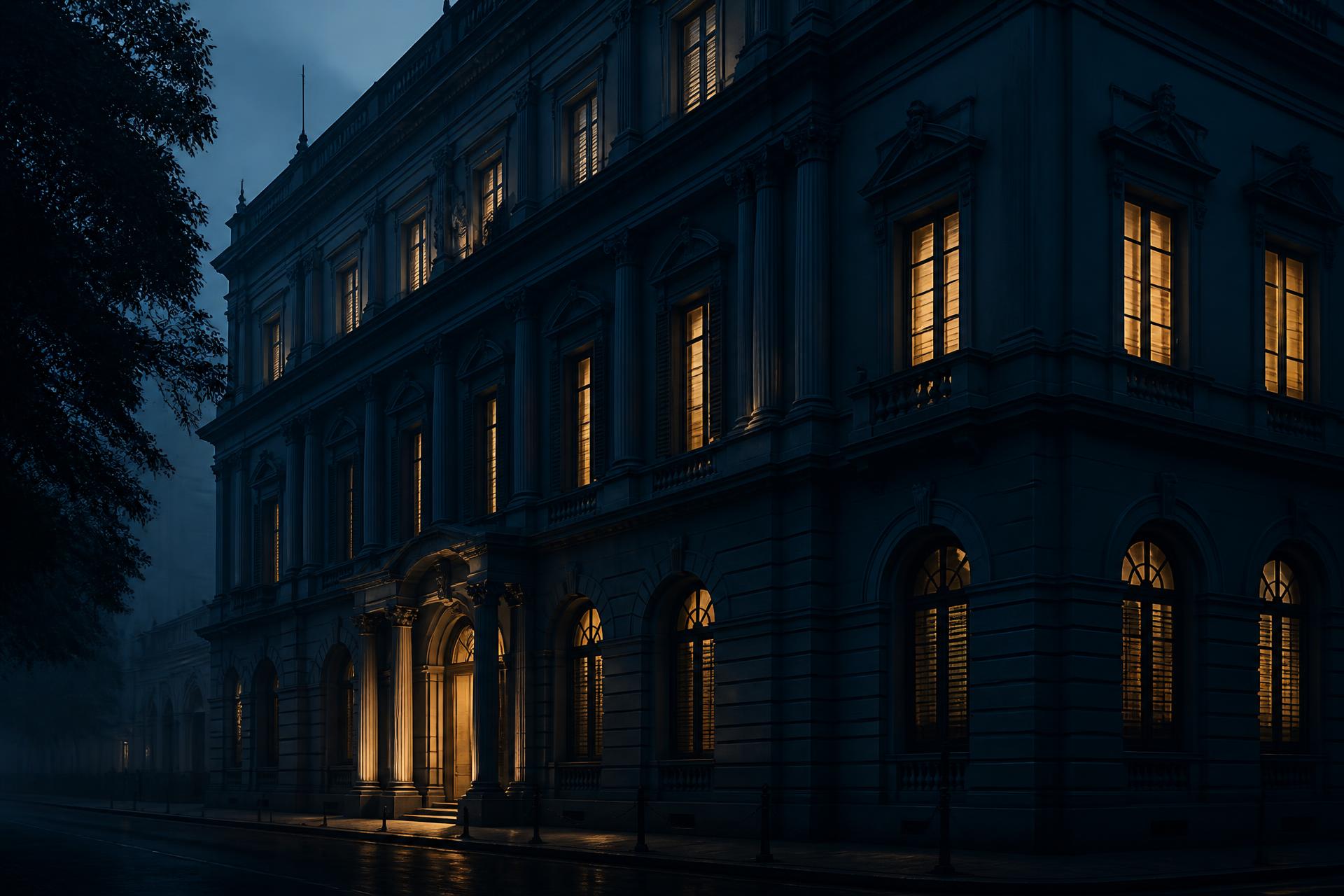 Classical office building facade at dusk